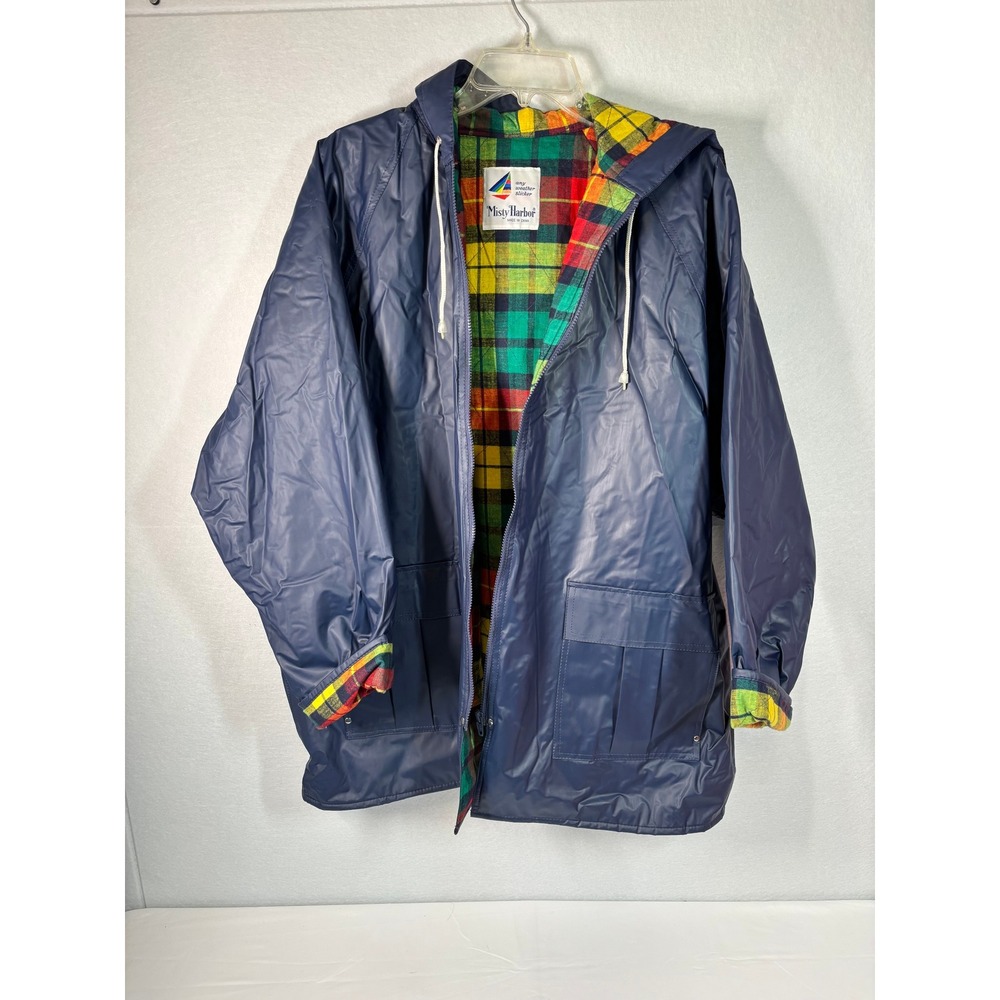 Misty Harbor Navy Blue Plaid Lined Rain Jacket Slicker Hooded Women 3XL Fits 2XL